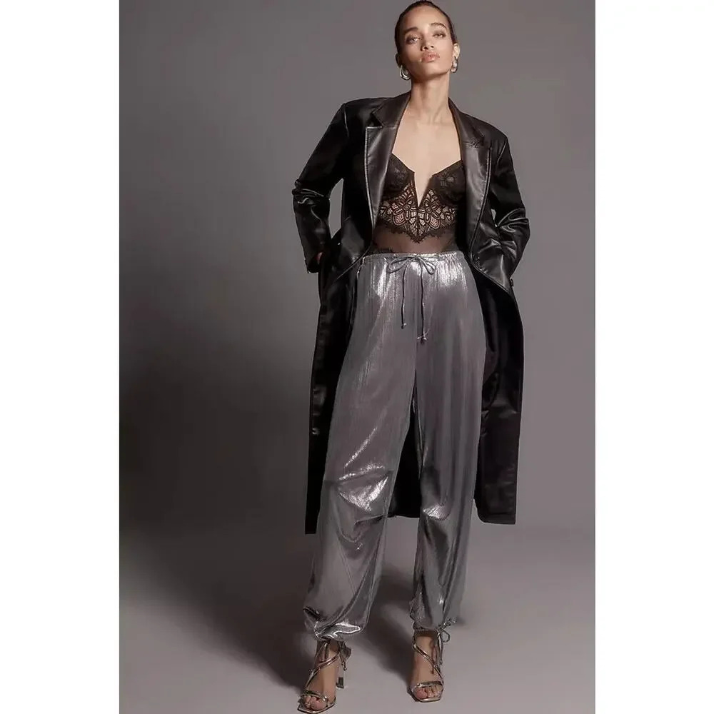 NWT By Anthropologie Liquid Shine Relax-fit Parachute Pants Size L Silver